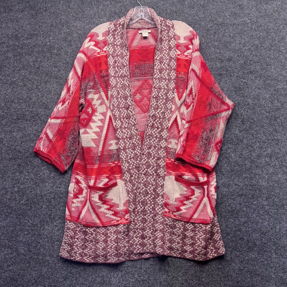 Lucky Brand Cardigan Women L/XL Red Southwestern Aztec Boho Knit Shawl Sweater